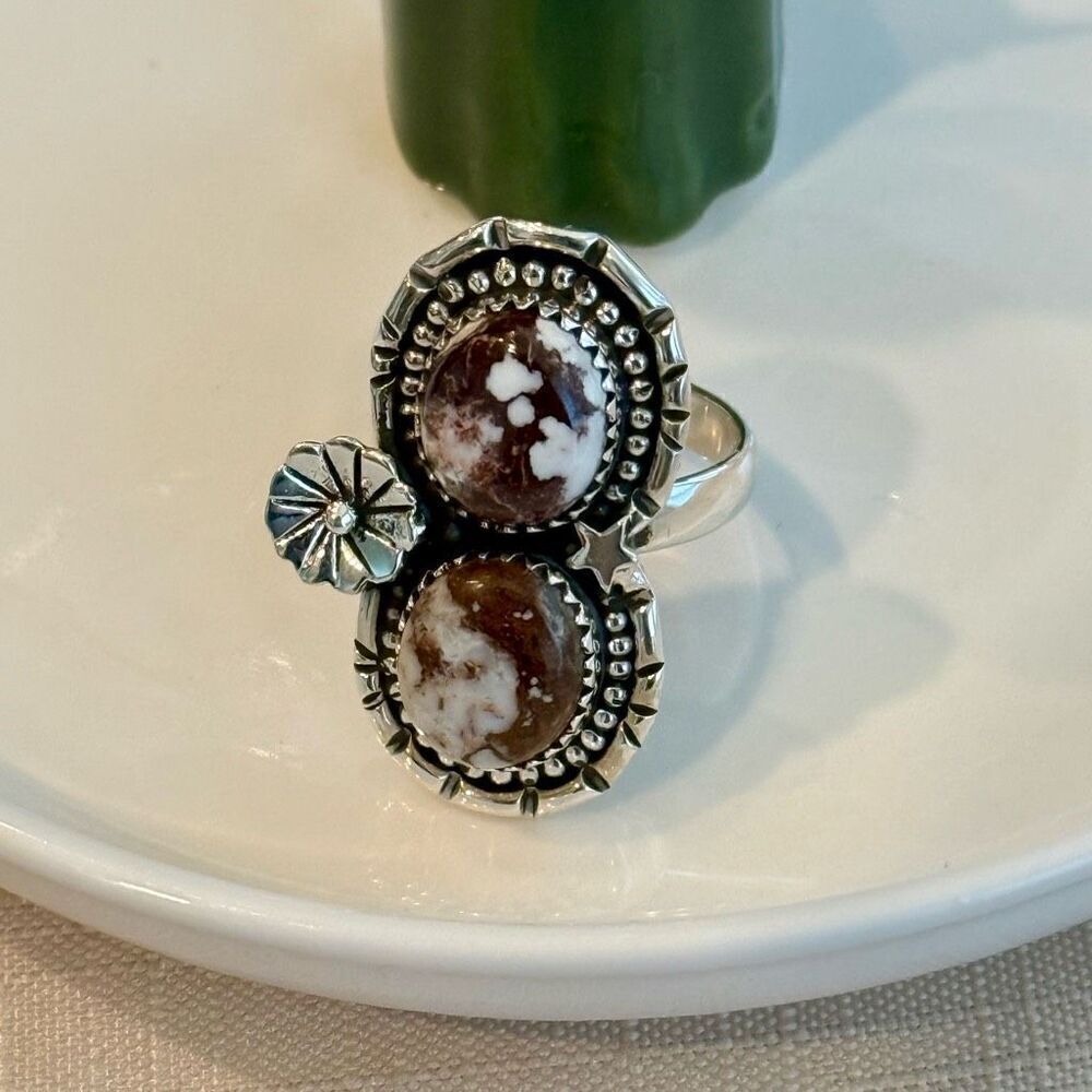 Wild Horse Turquoise Statement Ring Southwestern Double Stone Floral Framed